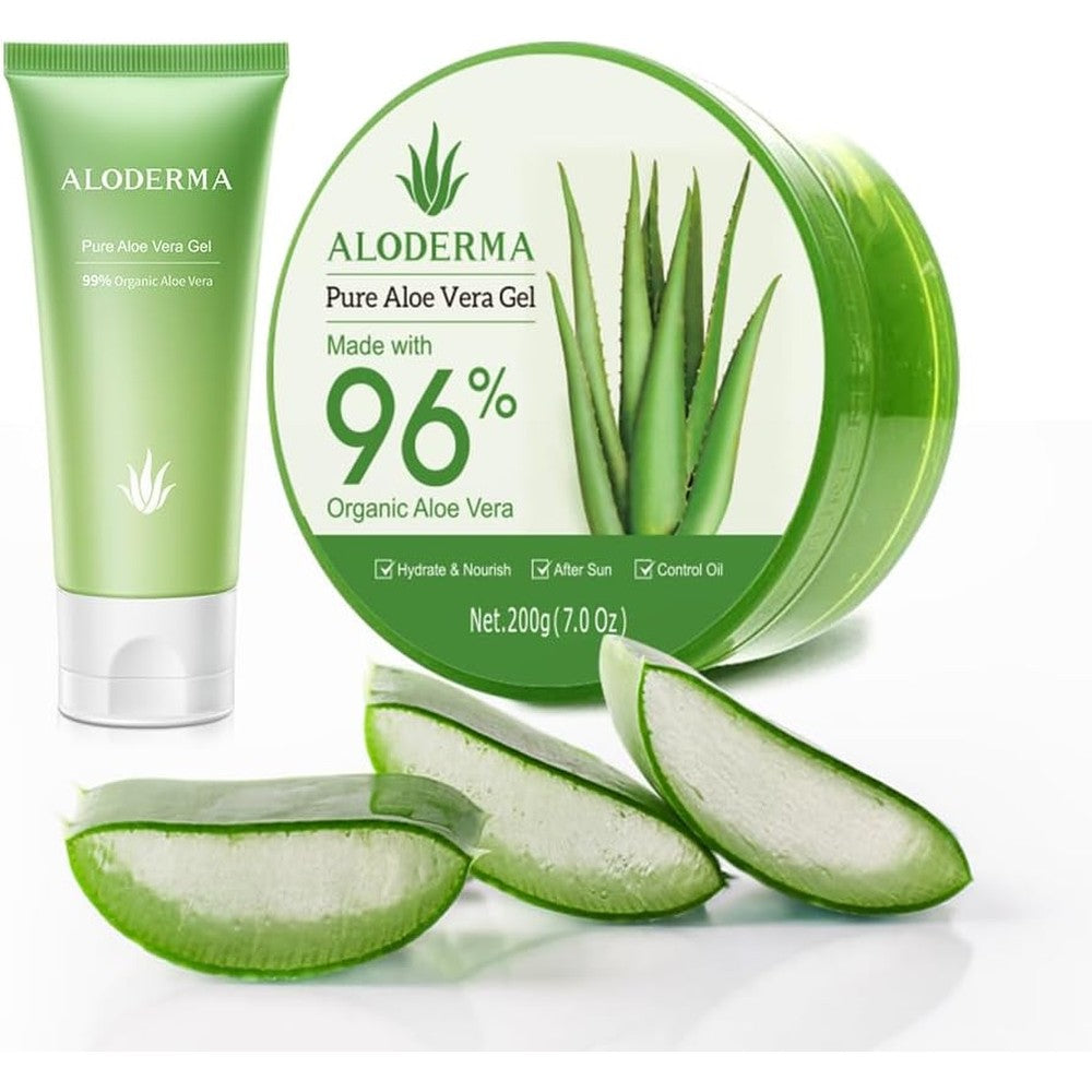 Aloderma brand 3 piece aloe vera gel set for face and body hydration
