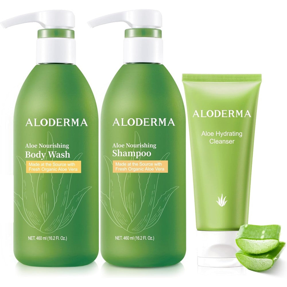 Aloderma Aloe Shower Set packaging front view highlighting imported skin care products