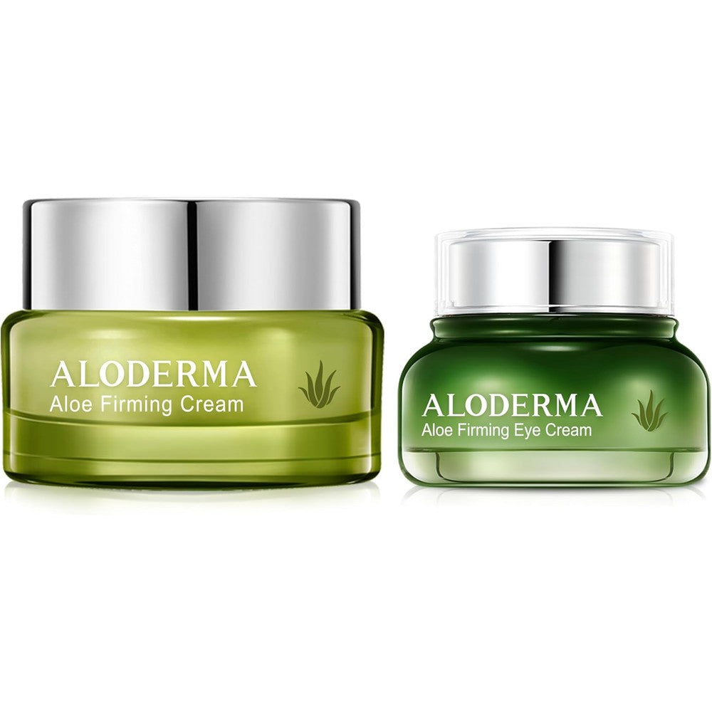 Aloderma Aloe Firming Cream Set front view showing the green face cream jar and eye cream tube for natural anti aging skincare.
