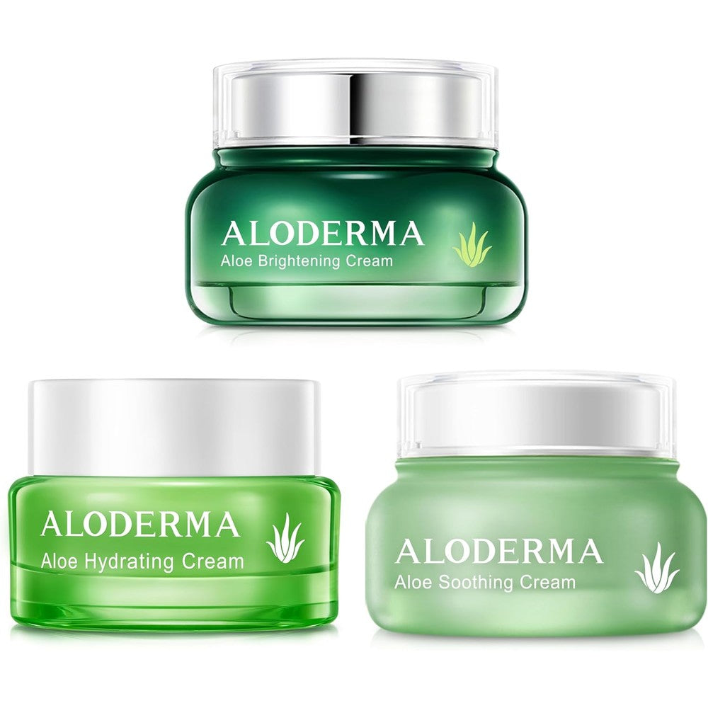 Aloderma Aloe Face Cream Set front view showing three premium green jars of hydrating soothing and brightening creams.