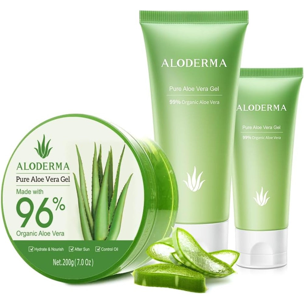 Aloderma brand 4 piece aloe vera gel set for intensive face and body hydration