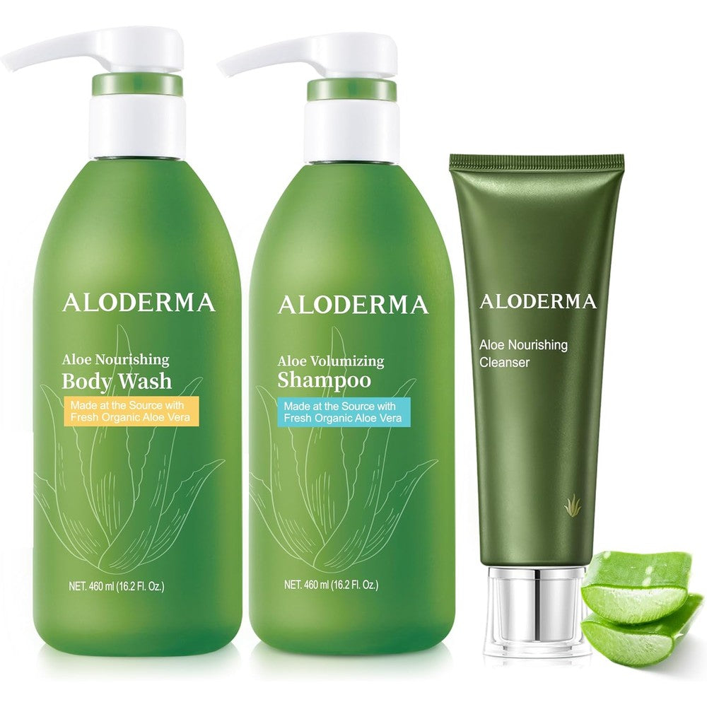 Aloderma Aloe Shower Set 3 pieces front view showing shampoo body wash and cleanser packaging