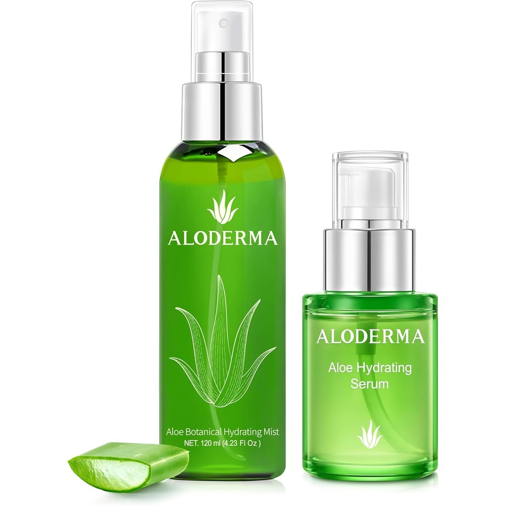 Aloderma Aloe Hydrating Set front view showcasing the organic serum and botanical mist bottles.