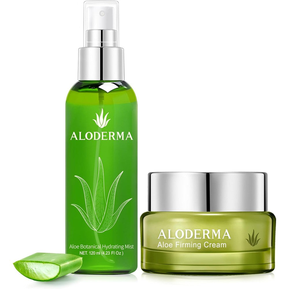 Aloderma Aloe Nourishing Set front view displaying the botanical mist spray bottle and firming cream jar