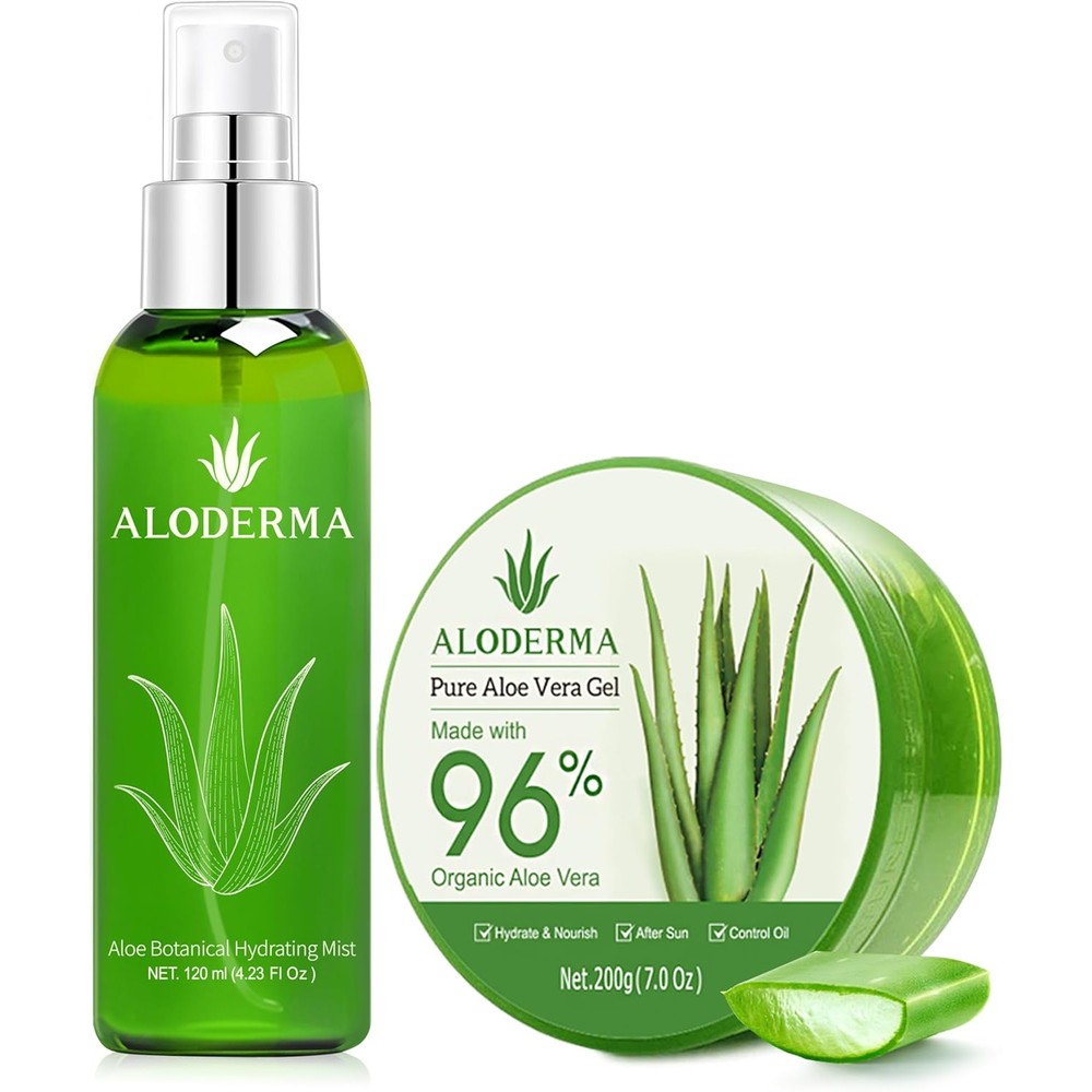 Aloderma Aloe Hydrating Set front view showcasing the botanical spray bottle and gel container.