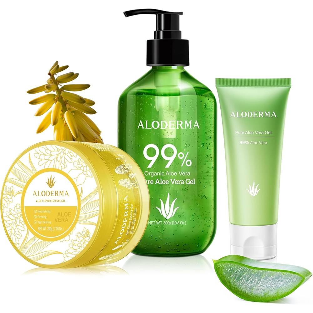 Aloderma brand 3 pack aloe vera gel set with travel size tube and flower essence