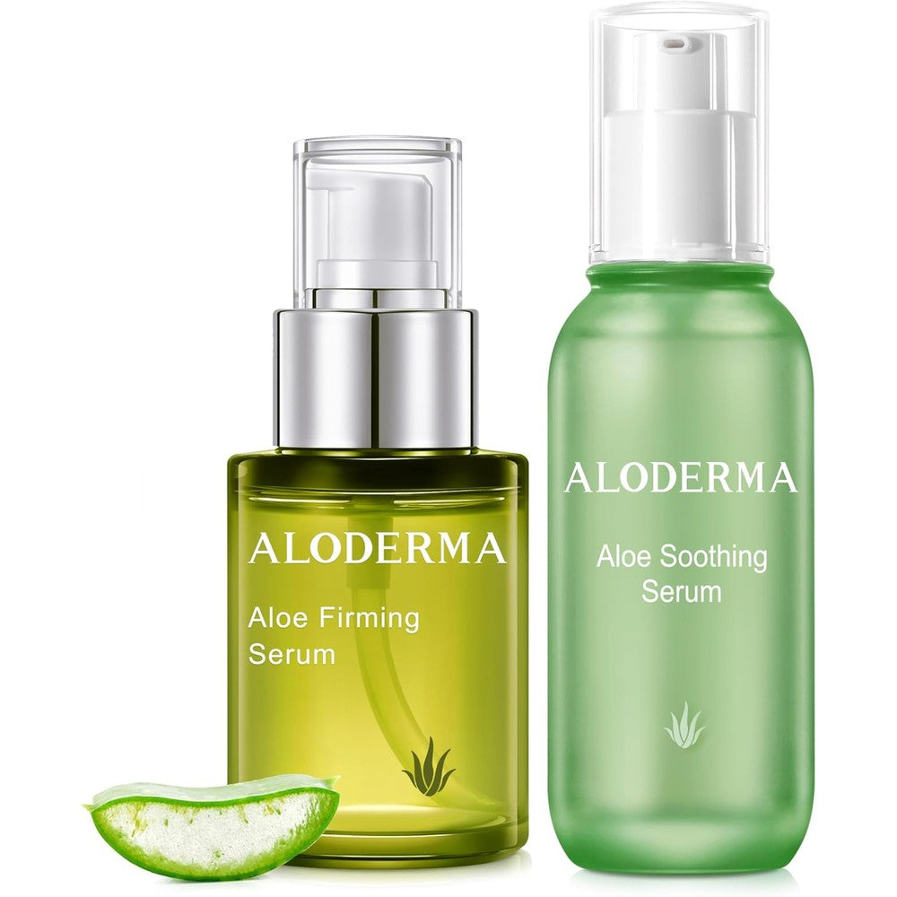 Aloderma Aloe Face Serums Set front view showing four green-tinted pump bottles
