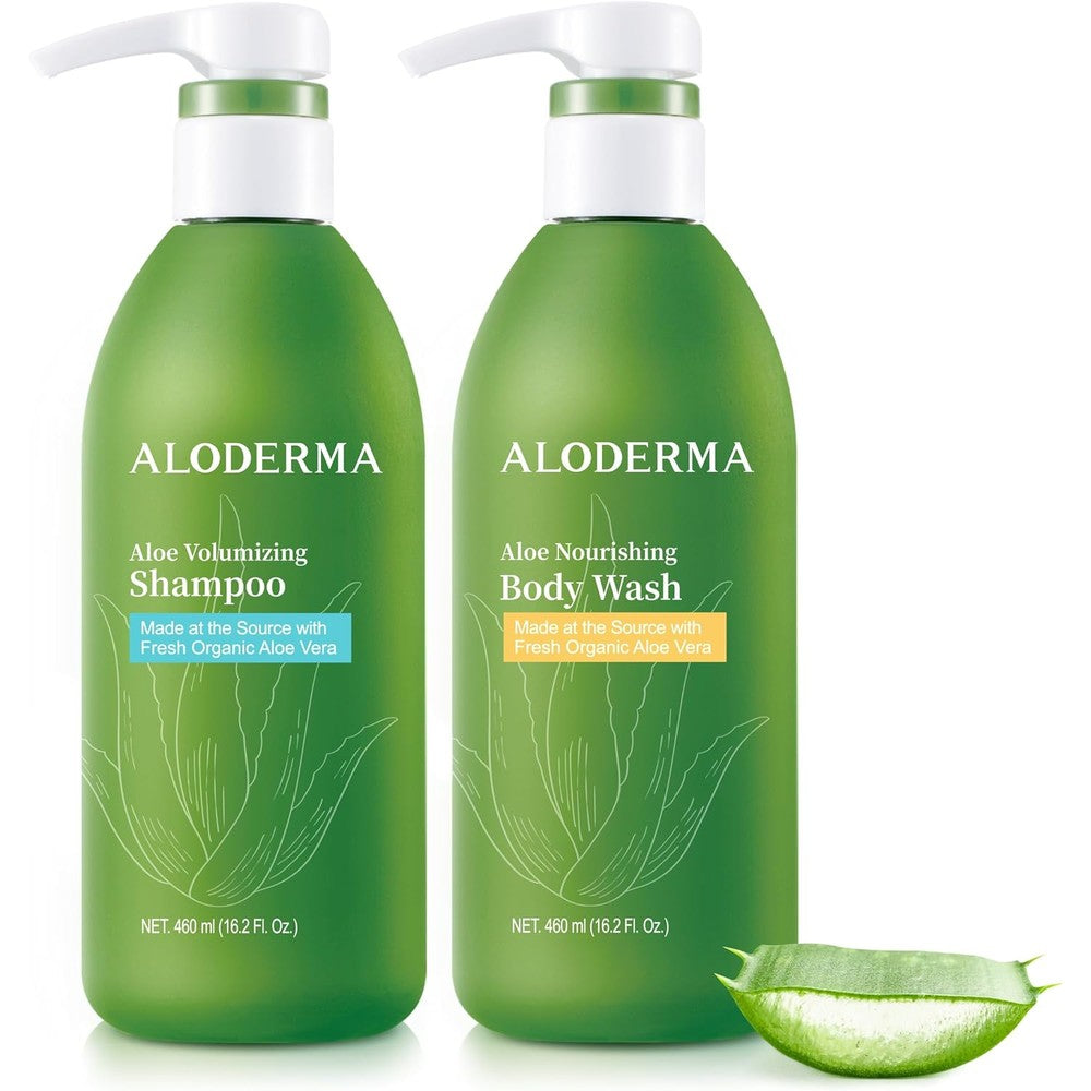 Aloderma Aloe Volumizing Shampoo and Nourishing Body Wash set front view