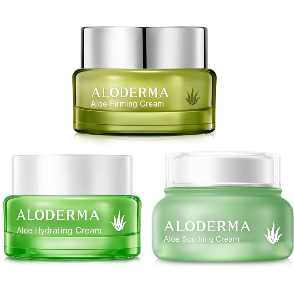 Aloderma Aloe Face Cream Set showing three imported skincare jars on a clean surface.