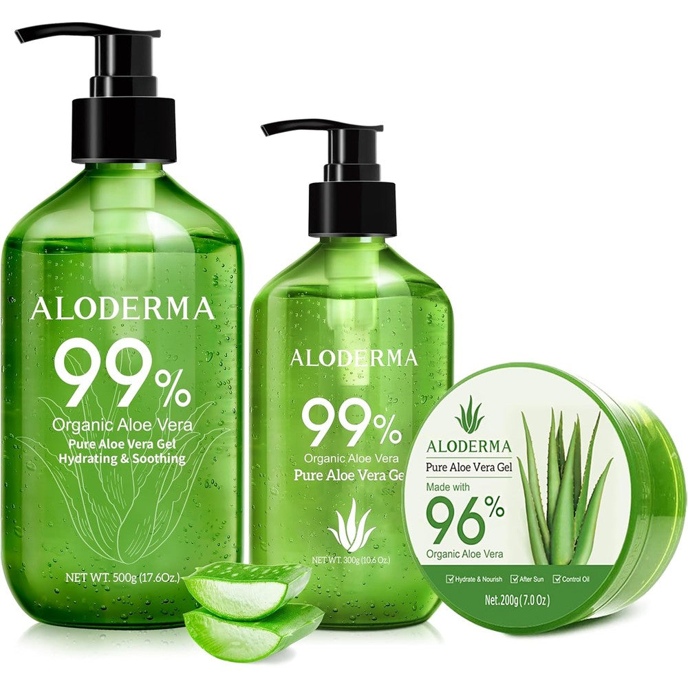 Aloderma Organic Aloe Vera Gel Set front view showcasing the three different pump bottles for skin hydration.