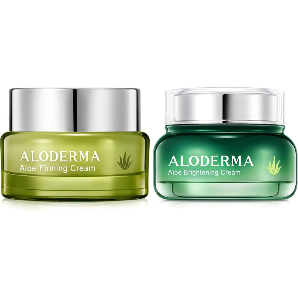 Aloderma Aloe Face Cream Set front view showing the brightening and firming jars for natural skincare.