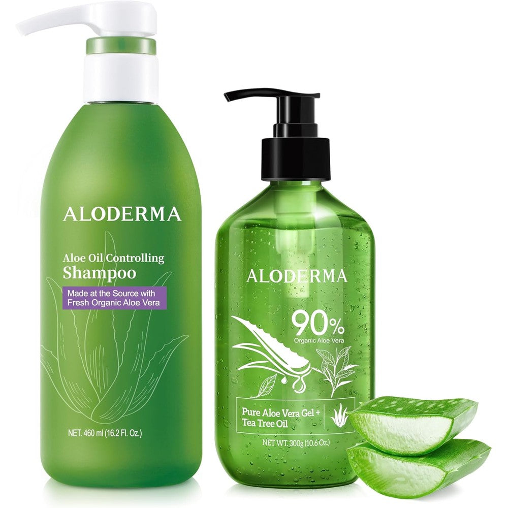 Aloderma Aloe Hair and Body Care Set front packaging showcasing shampoo and tea tree gel bottles