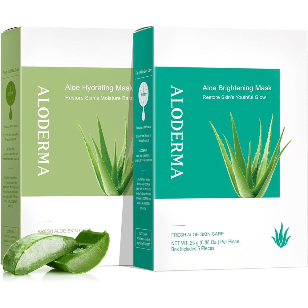 Aloderma Aloe Sheet Mask 2 Pack front view showcasing the hydrating and brightening skincare boxes.