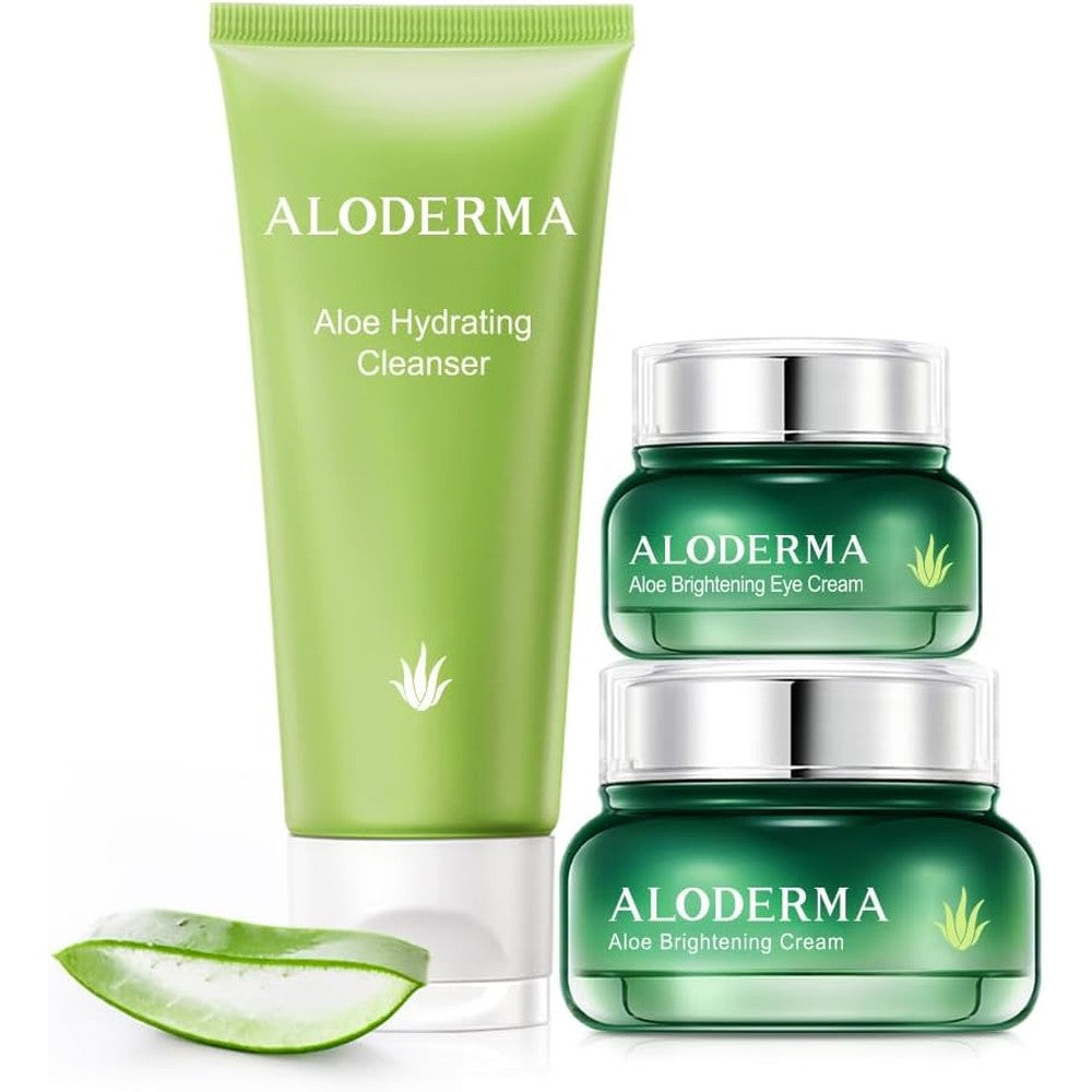 Aloderma brand aloe vera travel size brightening set with 3 pack cleanser and cream