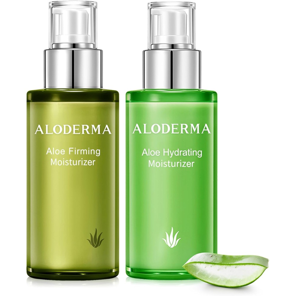 Aloderma Aloe Face Moisturizer Set front packaging view showing the hydrating and firming skincare bottles.