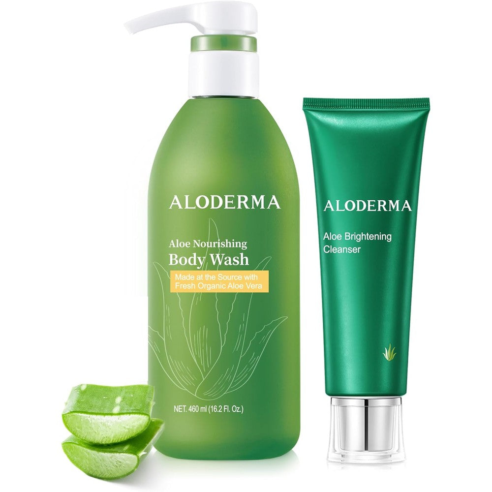 Aloderma Aloe Shower Set front view showing nourishing body wash and facial cleanser bottles for daily skincare.