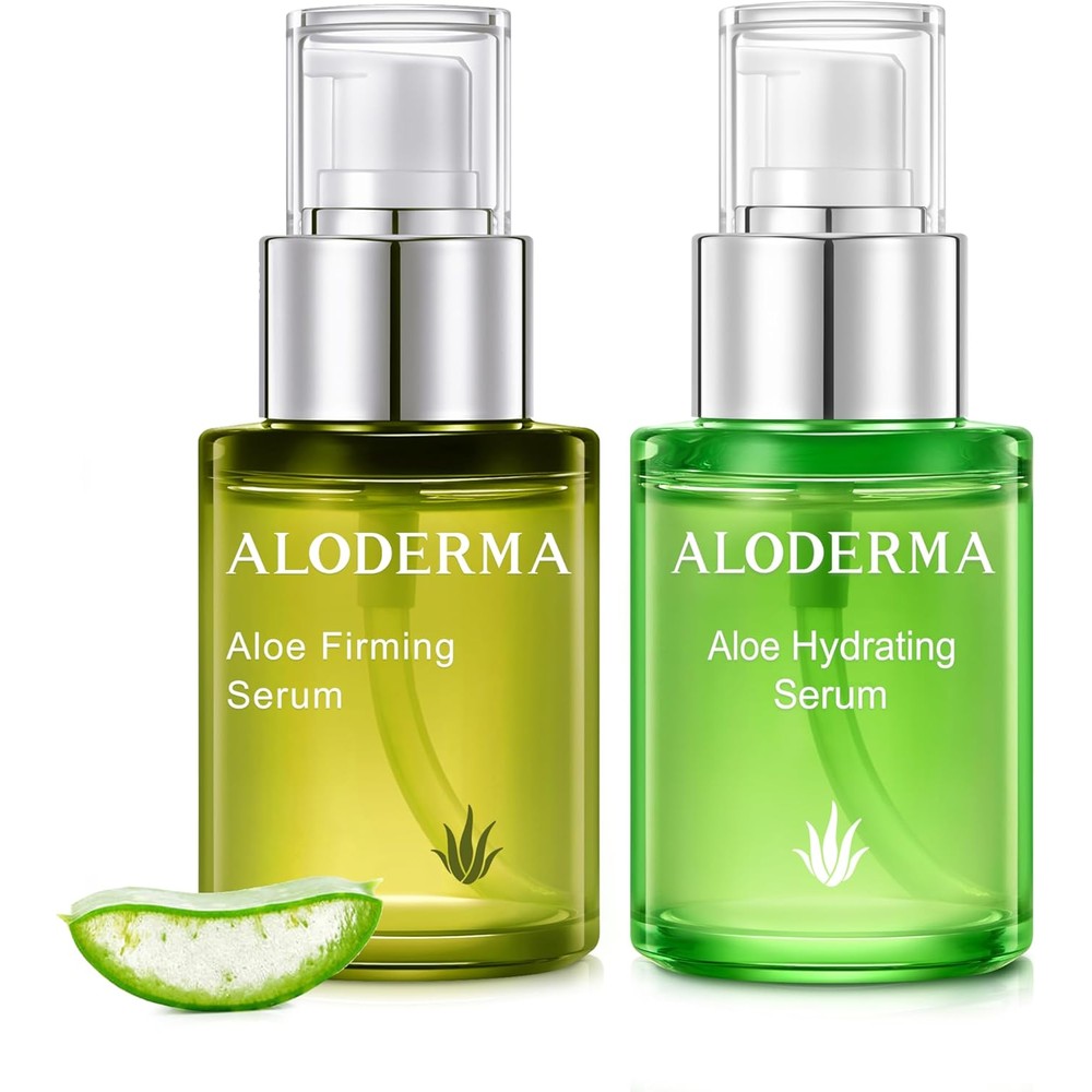 Aloderma Aloe Face Serums Set front view showing the hydrating and firming green bottles.