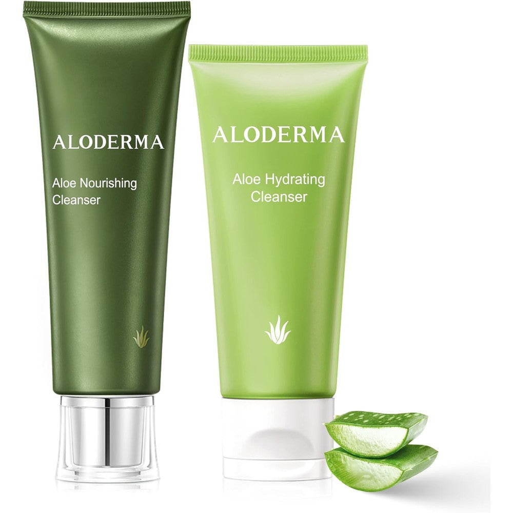 Aloderma Aloe Cleanser Set front view showcasing the packaging of the two piece organic face wash kit.