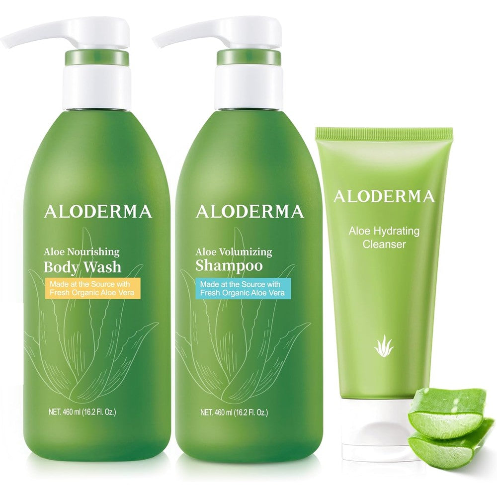Aloderma Aloe Shower Set front view containing shampoo body wash and cleanser bottles