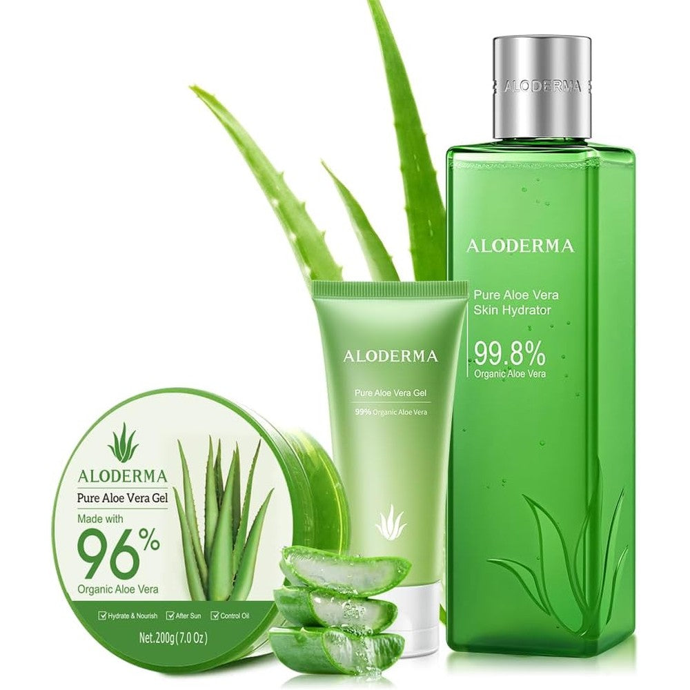 Aloderma brand 3 piece all purpose aloe vera gel set for skin hydration