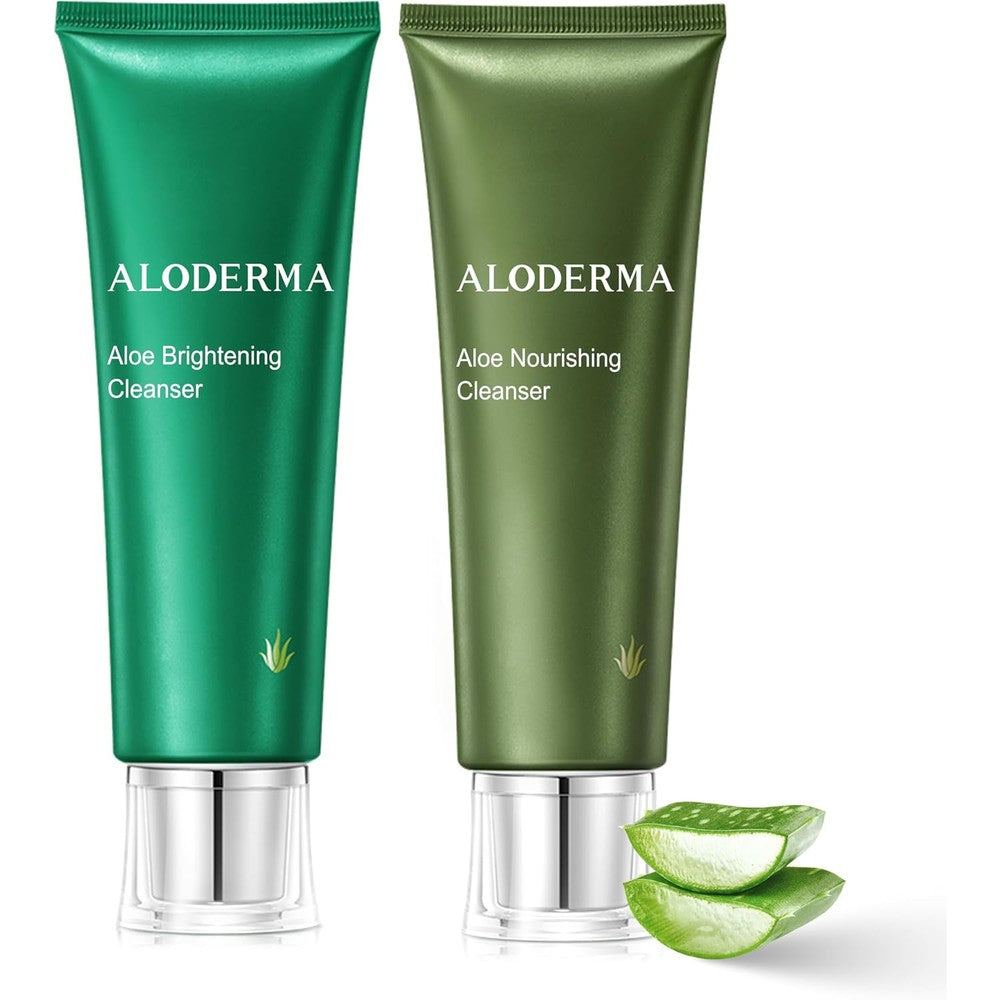 Aloderma Aloe Cleanser Set front view showcasing two green tubes of botanical face wash.