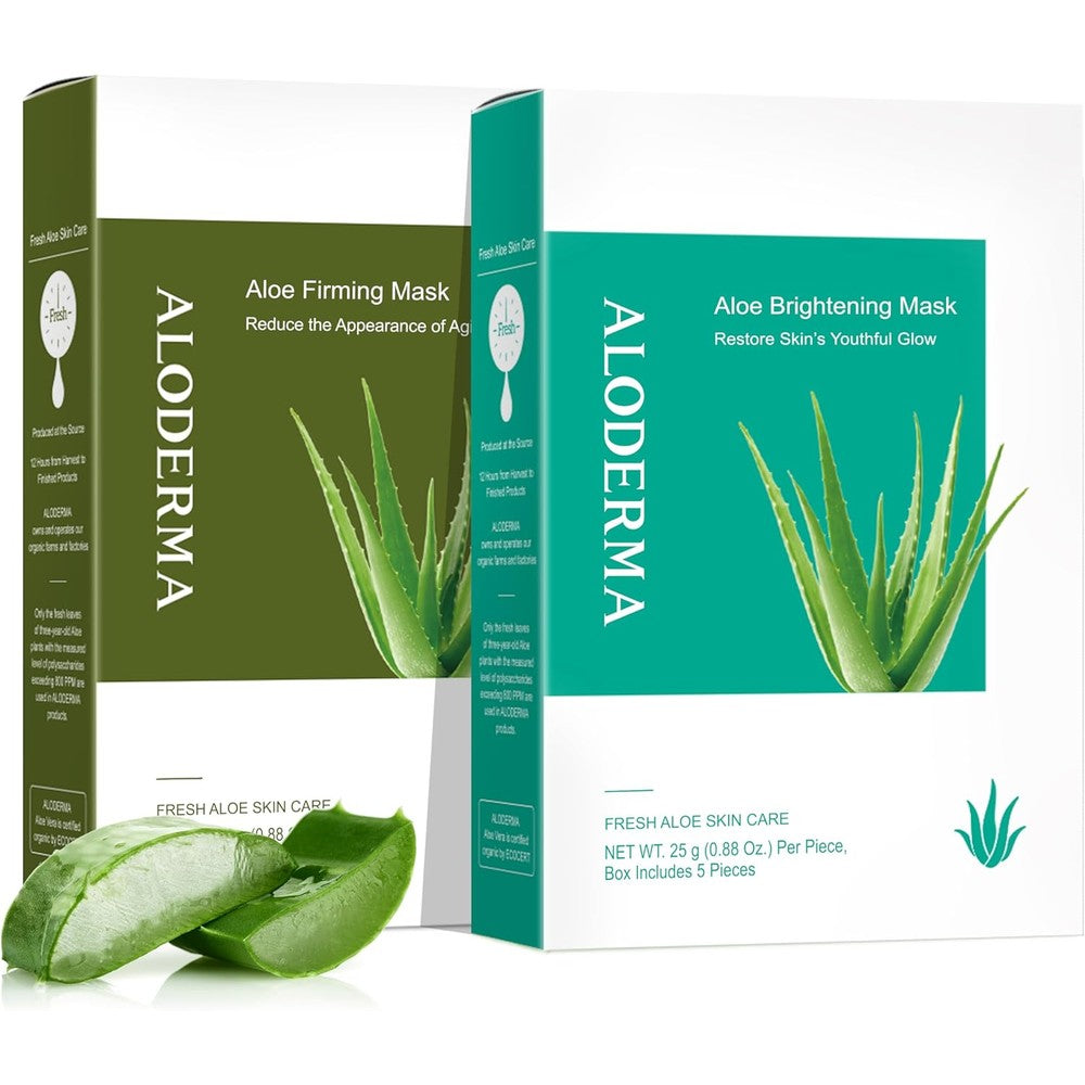 Aloderma Aloe Sheet Mask 2 Pack front view showing firming and brightening packaging for glowing skin.