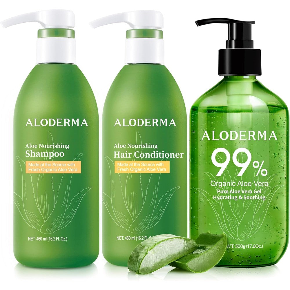 Aloderma Aloe Hair and Body Care Set front view showcasing the shampoo conditioner and 500-gram gel bottles