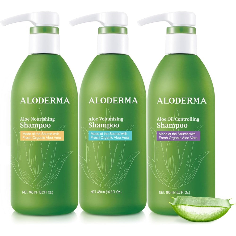 Aloderma Aloe Vera Hair Care Set front view showing three premium shampoo bottles