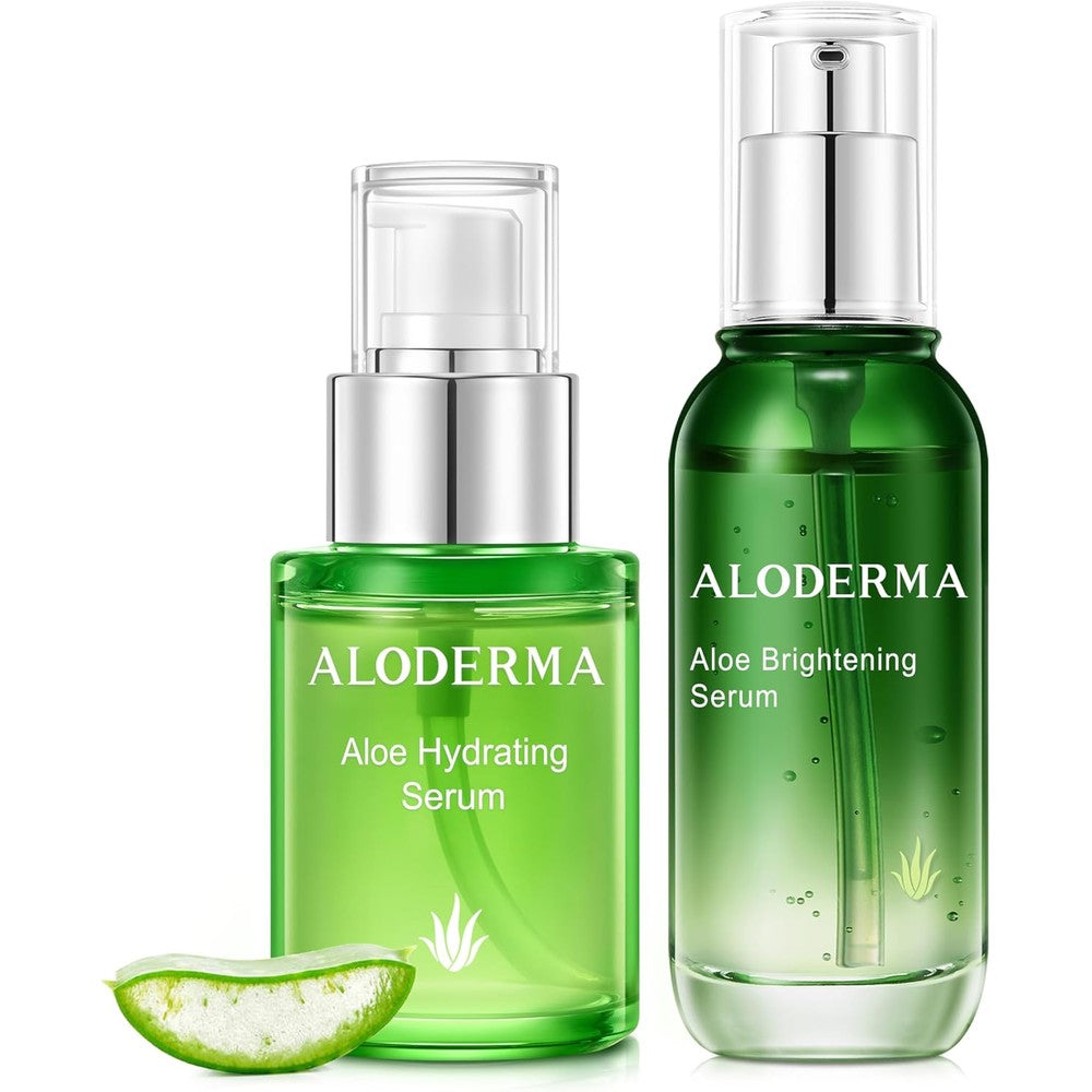 Aloderma Aloe Face Serums Set front view showcasing the green glass bottles of hydrating and brightening serums.