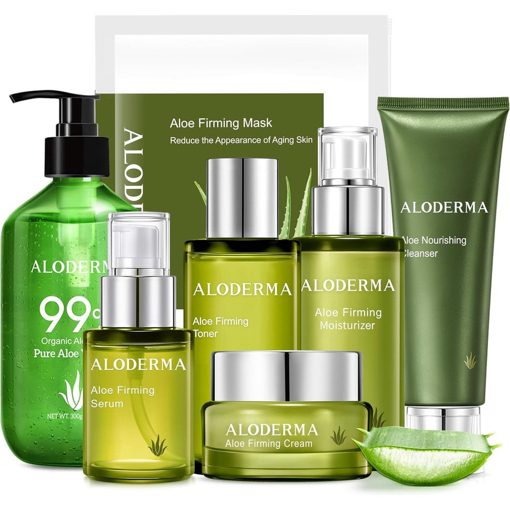 Aloderma Luxury Aloe Firming and Rejuvenating 7-Piece Set front view package showing anti-aging skincare bottles