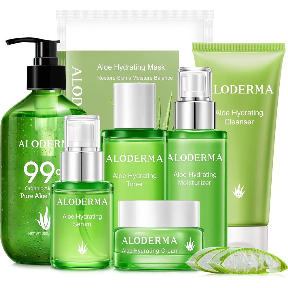 Aloderma Luxury Aloe Hydrating Set front view showcasing the complete seven piece organic skincare collection.