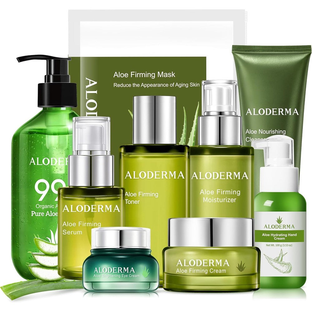 Aloderma Ultimate Aloe Firming and Rejuvenating Set front view of the nine piece skincare collection