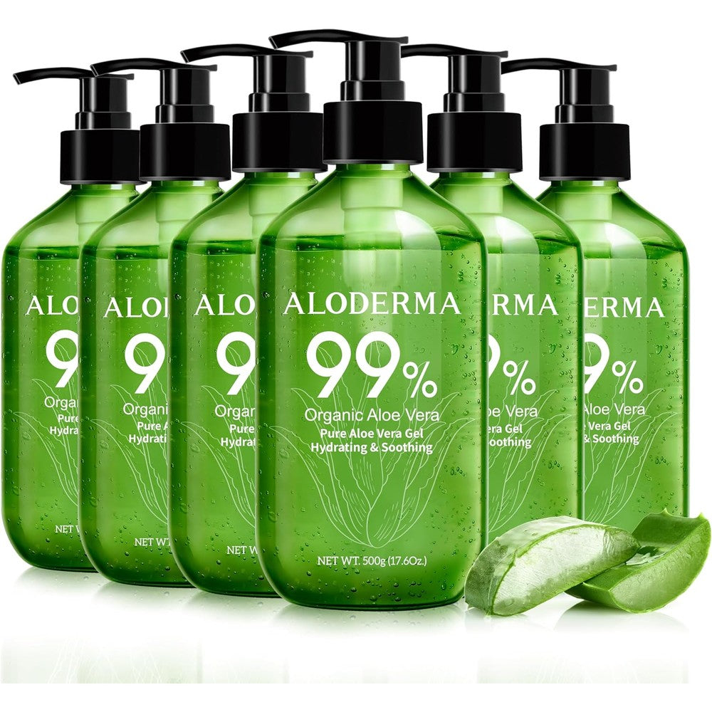 Aloderma 99% Organic Pure Aloe Vera Gel Value Pump for Sunburns | 500 ml 6 Pack