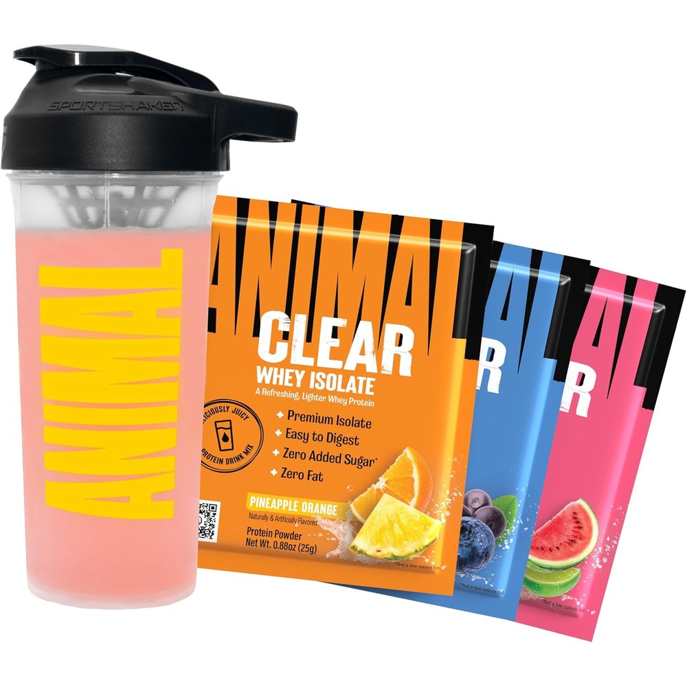 Animal Clear Whey Protein Isolate Sampler Pack front view showing three flavor packets and shaker bottle