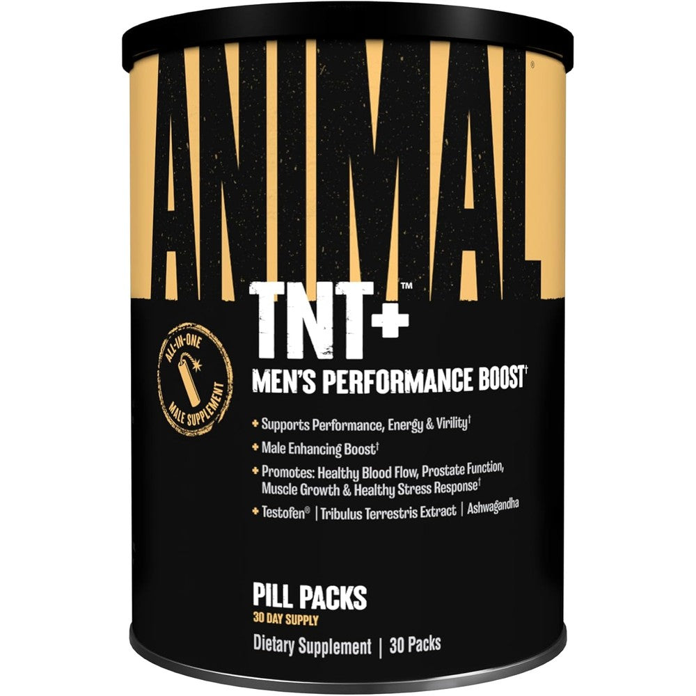 Animal TNT Plus mens supplement front view container box with thirty daily packets for performance support