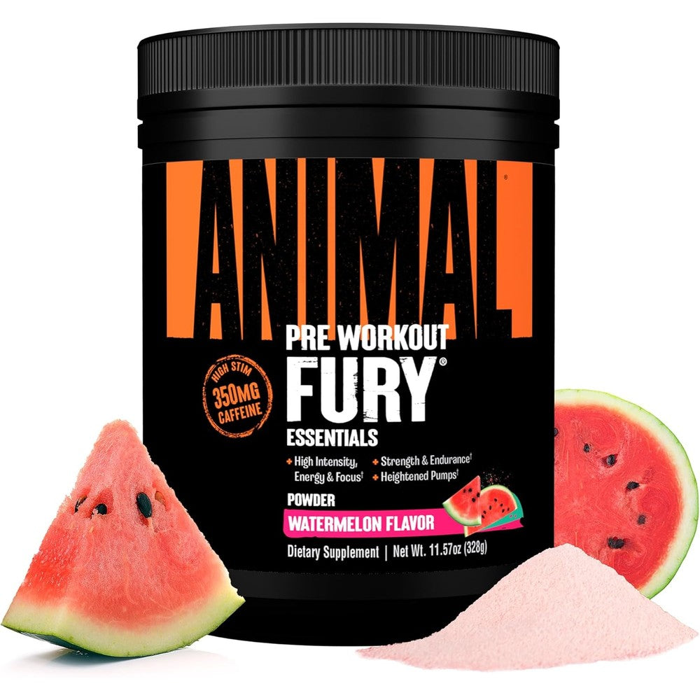 Animal Fury Pre Workout Powder Watermelon tub front view showing ingredients label