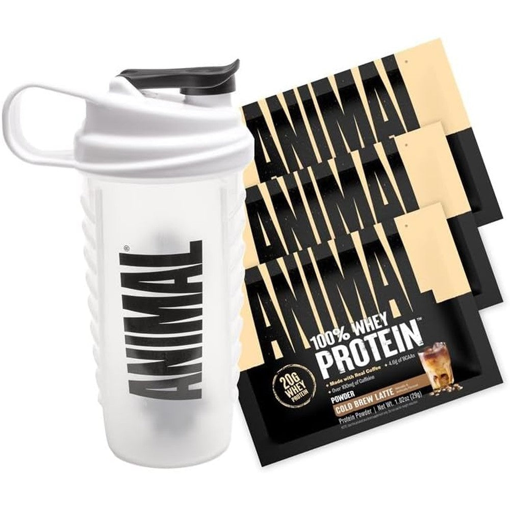 Animal 100 percent whey protein powder sampler pack front view featuring shaker bottle and cold brew latte packets