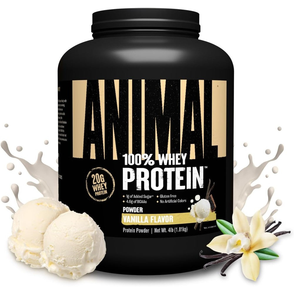 Universal Nutrition Animal 100 Percent Whey Protein Vanilla 4 Pound front view container for muscle building.