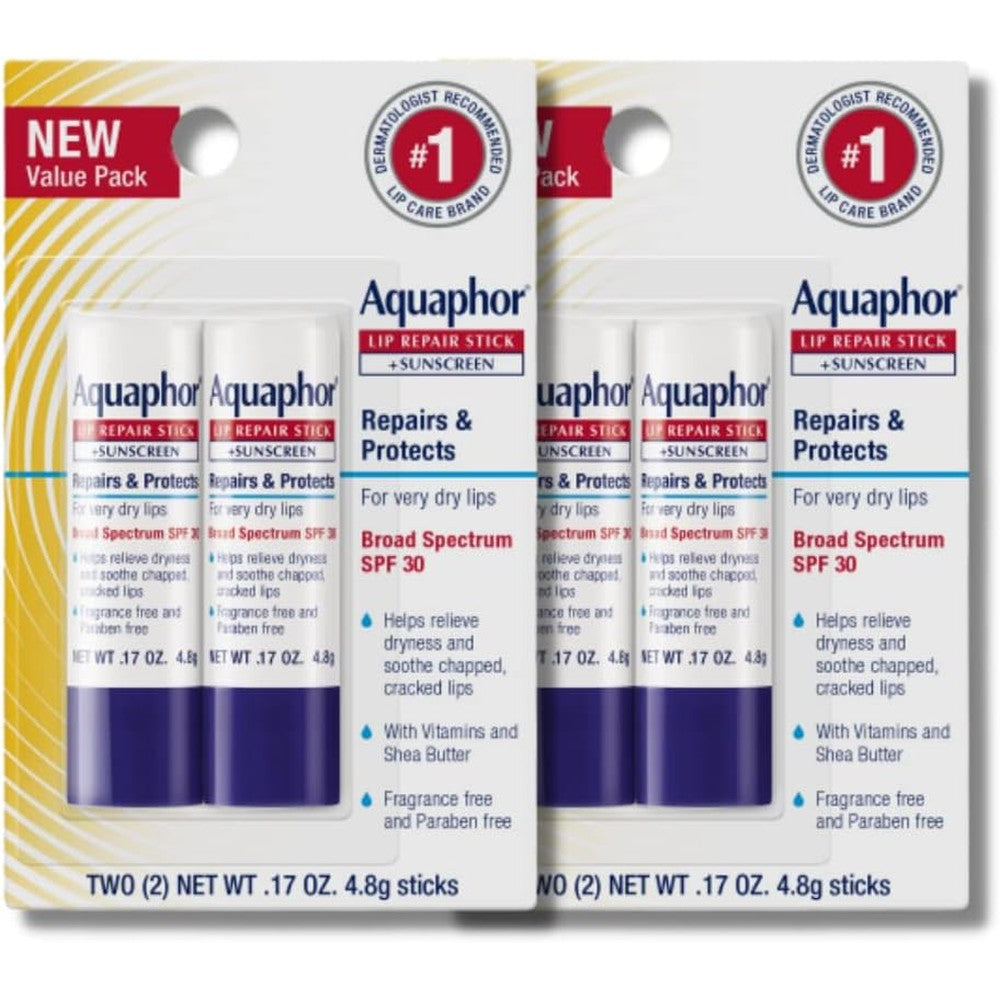 Aquaphor Lip Repair and Protect Stick sunscreen lip balm pack of four front view for chapped lips
