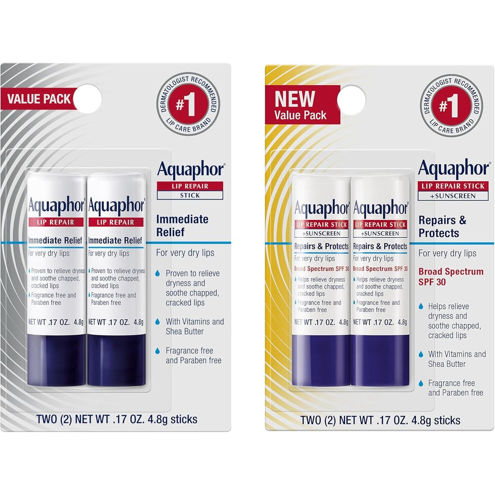 Aquaphor Lip Balm Set front packaging view showing four repair sticks