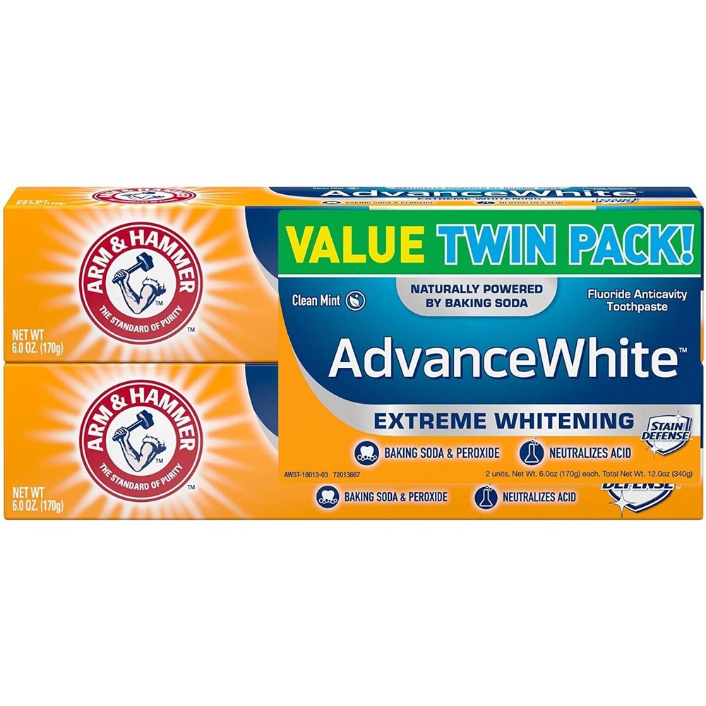 Arm & Hammer Advance White Extreme Whitening Toothpaste twin pack front view showing the packaging.