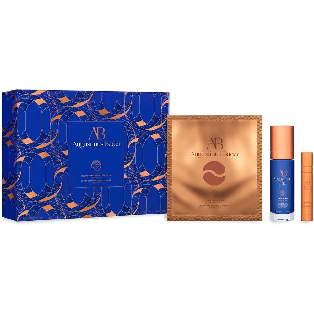Augustinus Bader The Revitalizing Essentials skincare gift set front view showing signature blue packaging