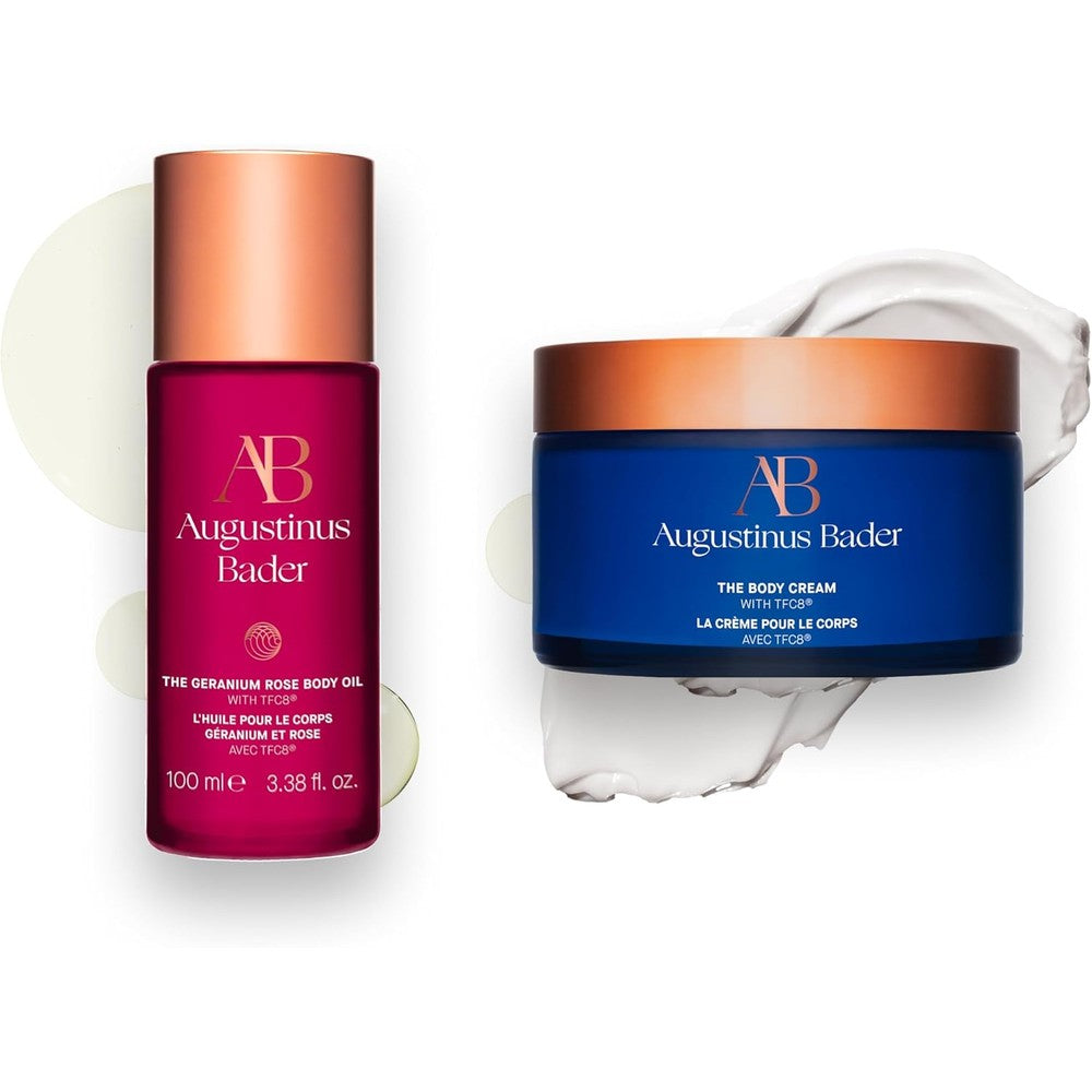 Augustinus Bader Geranium Rose Body Oil and Cream Set packaging front view for advanced skin renewal