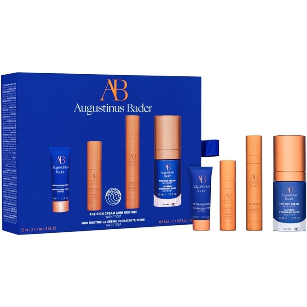 Augustinus Bader The Rich Cream Mini Routine front view showcasing luxury blue and copper travel gift box