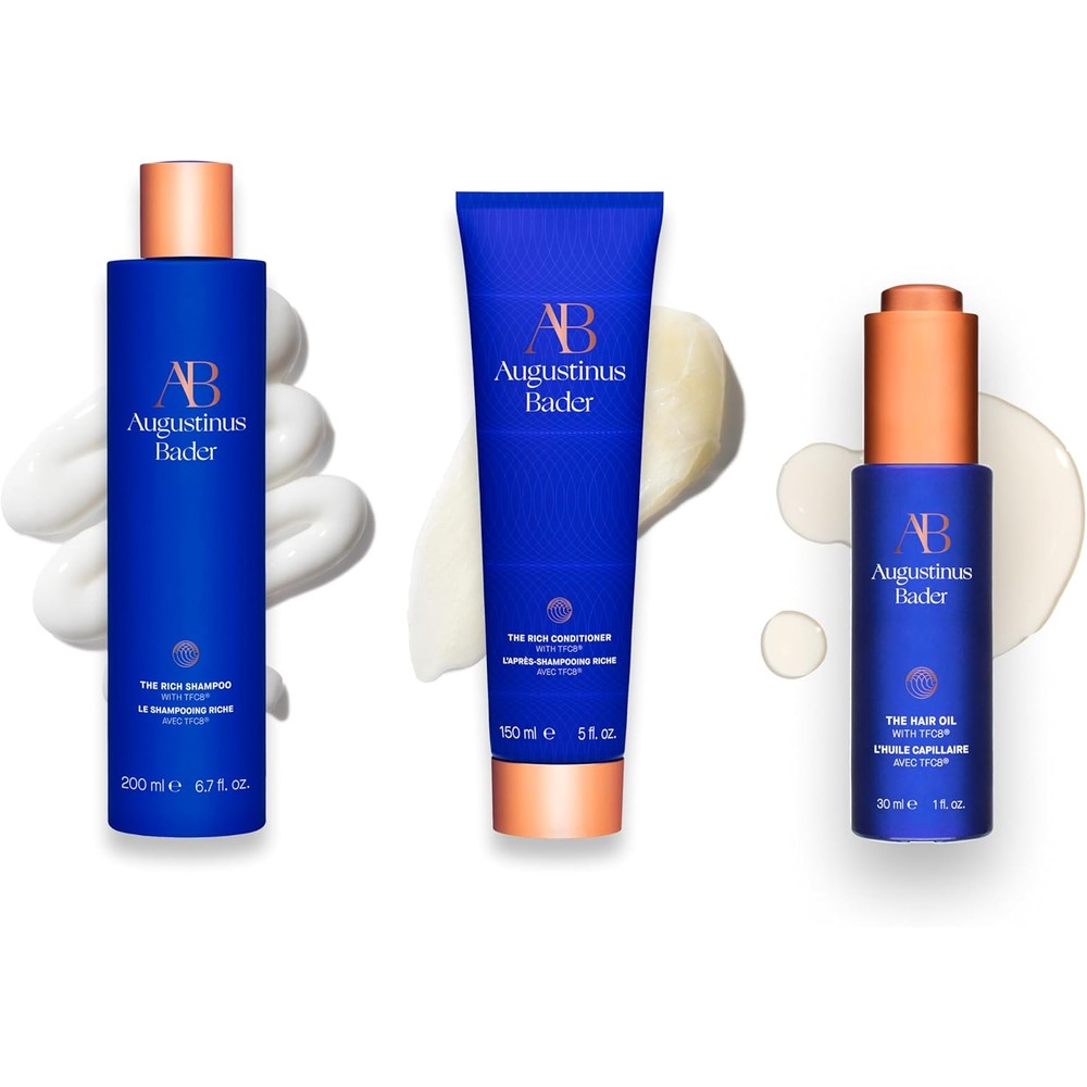 Augustinus Bader The Rich Haircare Trio front view showcase of shampoo, conditioner, and oil set