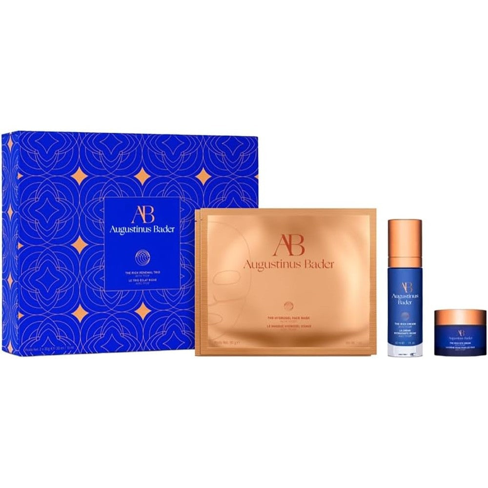 Augustinus Bader The Rich Renewal Trio gift set front view featuring blue and orange packaging