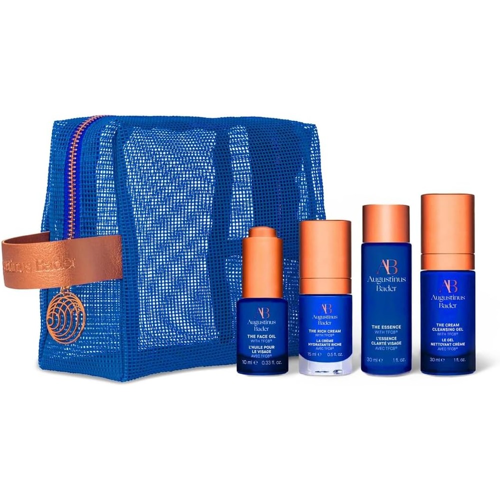 Augustinus Bader The Starter Kit with The Rich Cream set in custom blue mesh bag front view