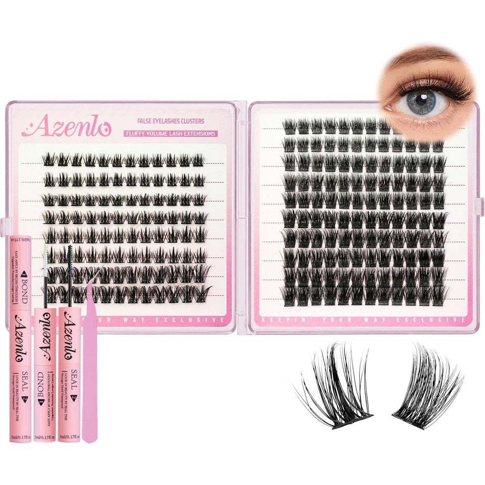 Azenlo Lash Extension Kit front view showing tray of D curl clusters and applicator tools.