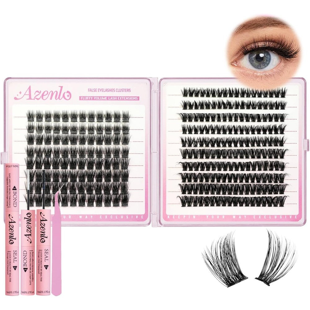 Azenlo Lash Extension Kit front view showing 240 pieces of individual clusters and applicator tools.