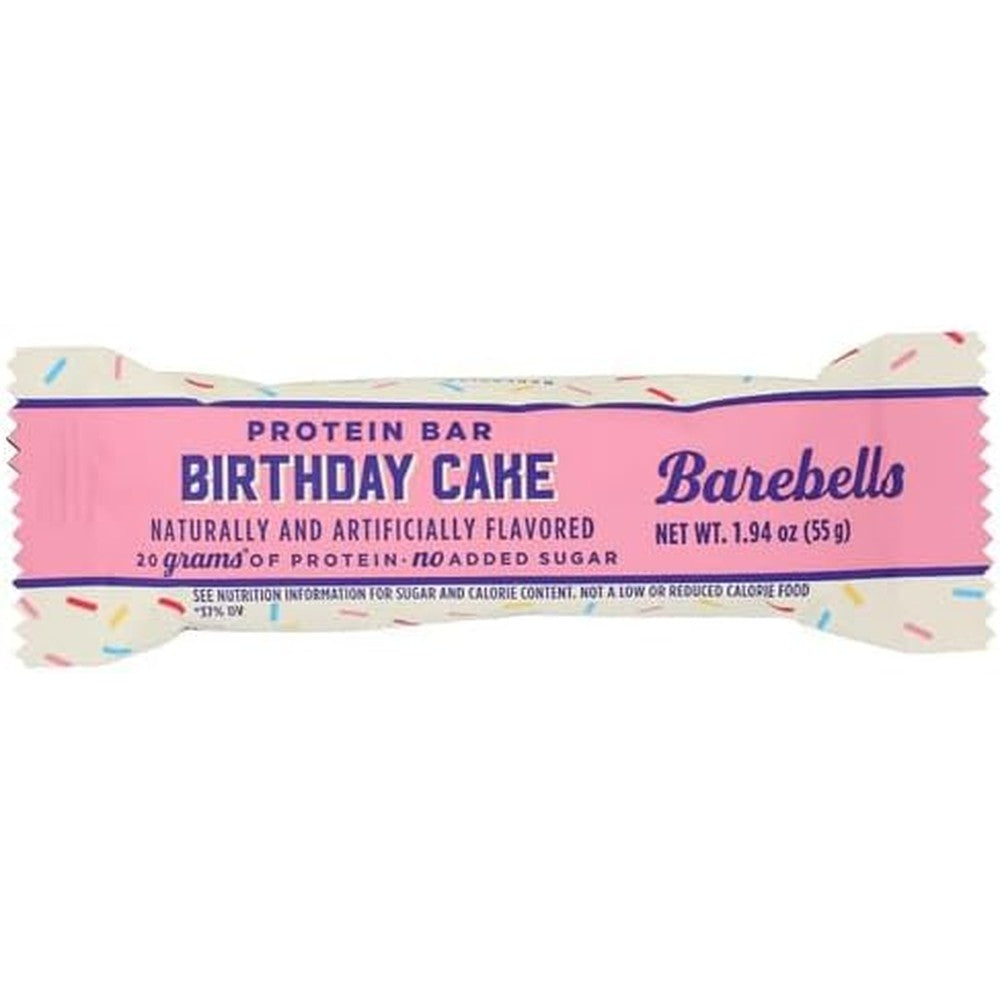 Barebells Birthday Cake Protein Bar front view showing pink wrapper packaging